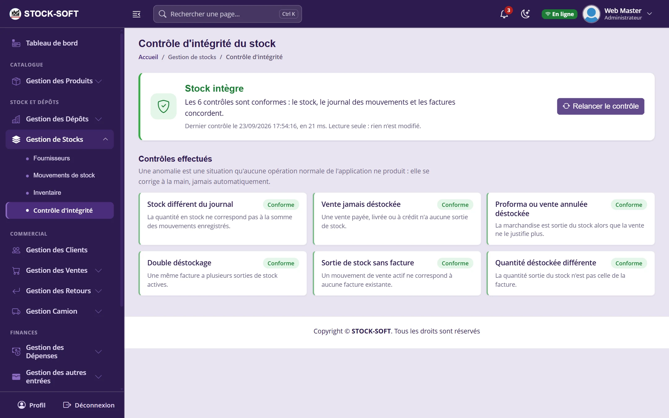 Contrôle d'intégrité du stock