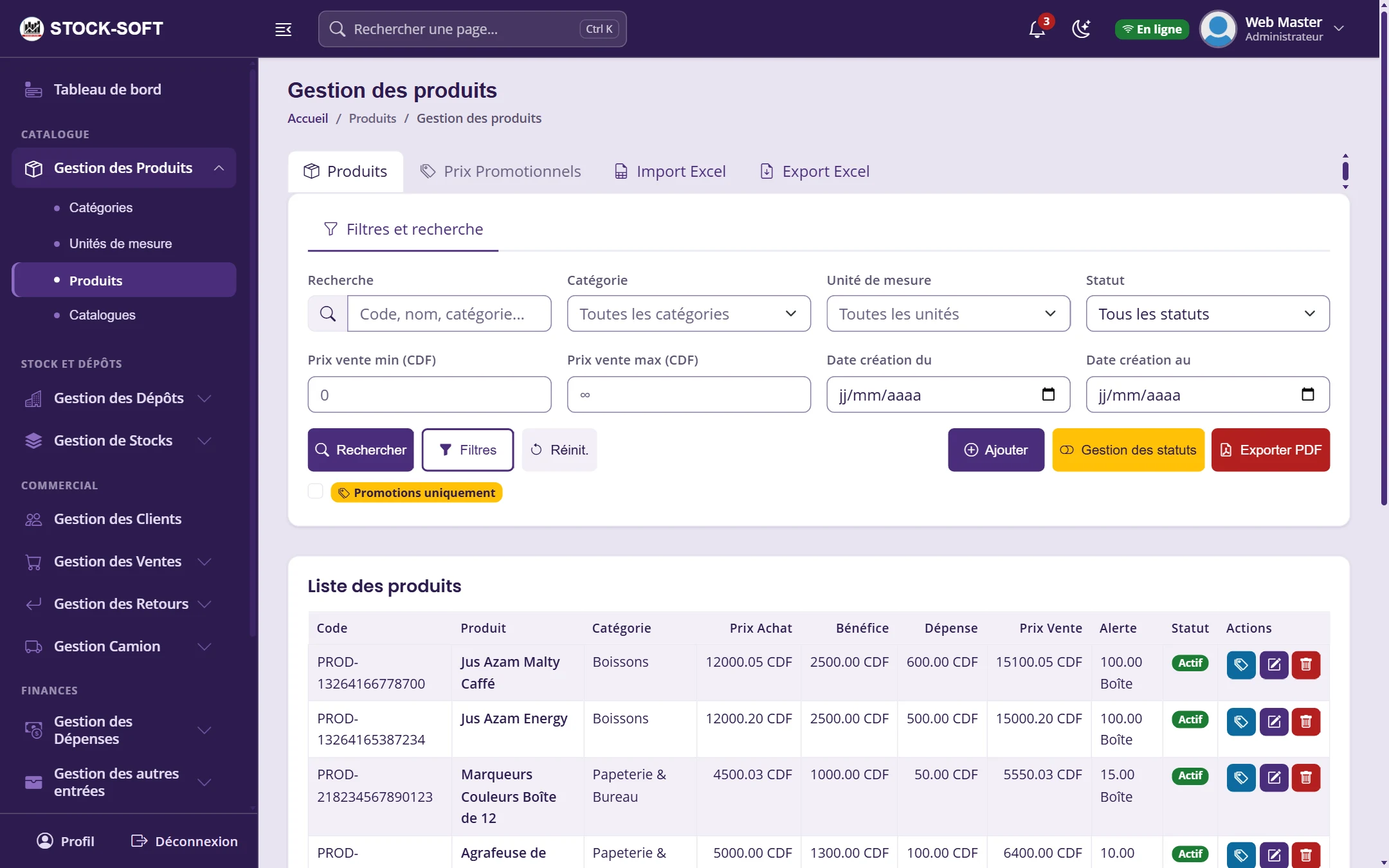 Liste des produits